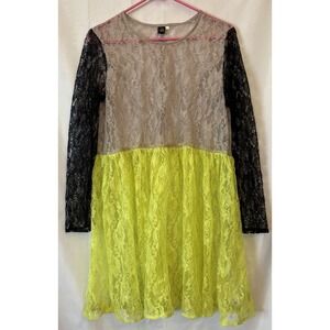 Cheap Monday Color Block Lace Dress Lime Green Black GrayKnee Length‎ Party S